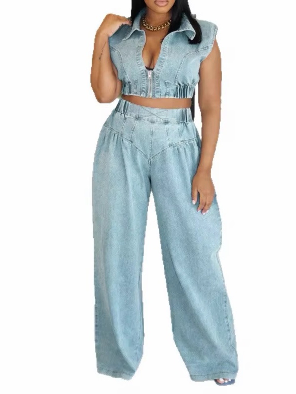 Light Wash Denim Two-Piece Set - Cropped Vest & Wide Leg Pants